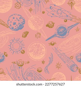 Cosmic space seamless pattern. Abstract ornament of planets, stars, comets, asteroids, galaxies. Hand drawn vector astronomy illustrations..