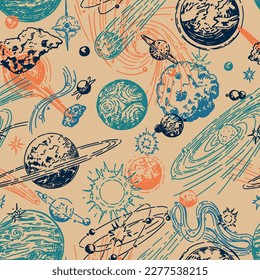 Cosmic space seamless pattern. Abstract ornament of planets, stars, comets, asteroids, galaxies. Hand drawn vector astronomy illustrations..