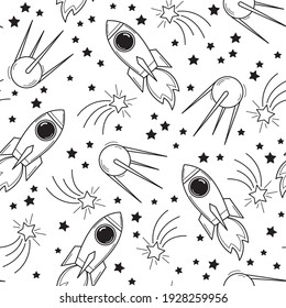 Cosmic space seamless pattern, rocket, satellite, stars, planet, comet. Hand drawn linen vector illustration.