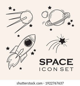 Cosmic space set, rocket, satellite, stars, planet, comet. Hand drawn linen vector illustration.