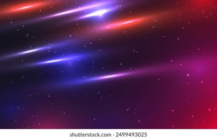 Cosmic space travel effect, neon light speed. Colorful abstract universe background. Colorful cosmos with stardust and milky way. Magic color galaxy. Infinite universe and starry night. Science Vector