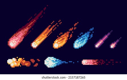 Cosmic sparkling comet pixel art set. Falling shiny asteroids collection. 8 bit sprite. Game development, mobile app.  Isolated vector illustration.