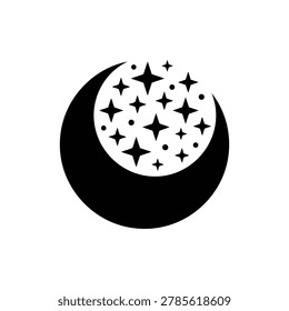 Cosmic Star Cluster Galaxy Icon. Black filled astronomy icon showing a bright sparkling group star cluster in the night sky