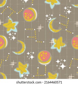 Cosmic Star Gazing Cute Kids Vector Seamless Pattern