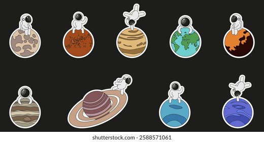 Cosmic Sticker set isolated black background. Astronaut on the Space planet. Space Exploration theme. Vector illustration for social media. EPS 10