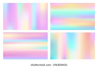 Cosmic style hologram backgrounds. Fashion abstract holographic patterns, colored neon textures, colorful iridescent metalic foil creative purple designs
