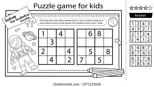 Cosmic sudoku puzzle. Logic puzzle for kids. Education game for children. Astronaut in space. Coloring Page. Worksheet vector design for schoolers.