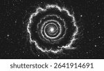 Cosmic supernova explosion forming a new galaxy in deep space with swirling dust and gas clouds forming a spiral nebula. Starburst nebula in stippling style. Dotwork. Pointillism. Dots shading. Vector