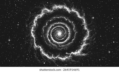 Cosmic supernova explosion forming a new galaxy in deep space with swirling dust and gas clouds forming a spiral nebula. Starburst nebula in stippling style. Dotwork. Pointillism. Dots shading. Vector