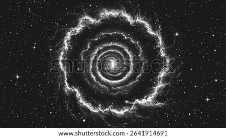 Cosmic supernova explosion forming a new galaxy in deep space with swirling dust and gas clouds forming a spiral nebula. Starburst nebula in stippling style. Dotwork. Pointillism. Dots shading. Vector