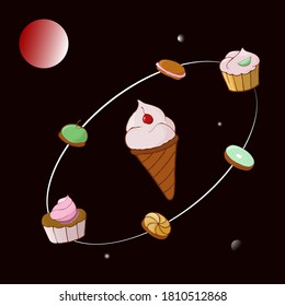 Cosmic sweets orbiting in the light of the moon. Vector illustration.