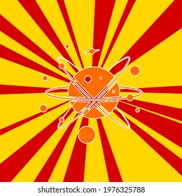 Cosmic symbol on a background of red flash explosion radial lines. The large orange symbol is located in the center of the sun, symbolizing the sunrise. Vector illustration on yellow background