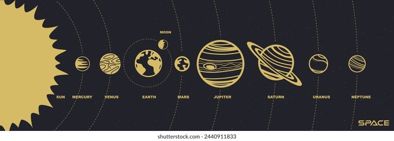 The cosmic system, the movement of celestial bodies. Monochrome illustration.