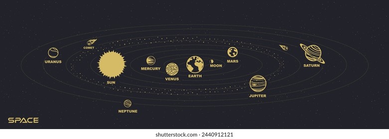 The cosmic system, the movement of celestial bodies. Monochrome illustration.