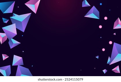 Vector cósmico de tetraedro de fondo violeta oscuro. Póster de poliedro de Tecnología de arco iris. Folleto digital de piedra dinámica. Pirámide holográfica Catálogo minimalista.