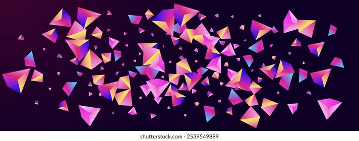 Cosmic Tetrahedron Vector Panoramic Dark Violet Background. Bright Creative Jewel Flyer. Digital Abstract Geometric Pattern. Holographic Elements Scattered Template.