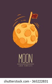 Cosmic thin line colored vector illustration or symbol with lettering. Concept: star in galaxy or lunar surface. Template logo. Flyer, poster