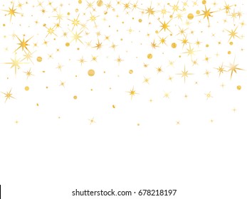 Cosmic tinsels abstract vector background with gold star elements falling down. Decorative pattern on white with golden sky objects. Glitter confetti, magic shining sparkles design.