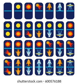 Cosmic travel. Children dominoes set. Simple elements with sun, moon, comet, astronaut and space ship.