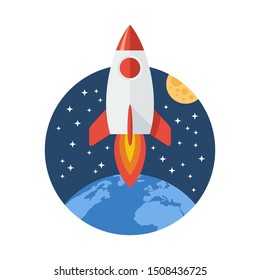 Cosmic travel and exploration icon - rocket launch from Earth planet - cosmos sky with stars and Moon satellite background - isolated vector logo or emblem