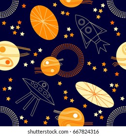 Cosmic travel print. Seamless vector pattern with space ships, planets and stars on dark blue background. 1950s-1960s motifs. Retro textile collection.