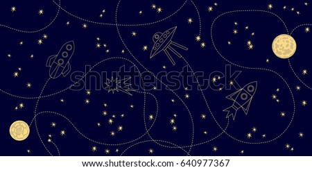 Cosmic travels. Seamless vector background with space ships, stars and planets. Simple pattern for fashion and web design.