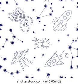 Cosmic travels. Seamless vector pattern with constellations, crescent moon, rockets and stars. 1950s-1960s motifs. Retro textile collection. Blue on white.