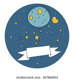 Cosmic tree in the star night. Cute hand drawn doodle card, circle background, text space
