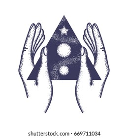 Cosmic triangle in hands. T-shirt design. Tattoo art. 