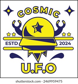 cosmic ufo illustration vector design with cute ufo in yellow and blue colors in simple style. suitable for logos, icons, posters, advertisements, banners, companies, t-shirt designs, stickers, web.