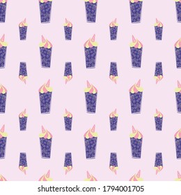 Cosmic unicorn smoothies seamless vector pattern. Glasses with cute navy drink with stars, cream topping, and unicorn horns. Childish surface print for fabrics, stationery, gift wrap, and packaging.