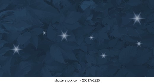 Cosmic vector dark blue background with the texture of tree leaves and the constellation Ursa Major. Abstract background with plant leaves and stars. An elegant template for your design.