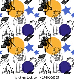 cosmic vector doodle pattern . seamless drawing of the cosmonautics day . black outline sketch, bright circles, stars, spaceship, astronaut, satellite, rocket
