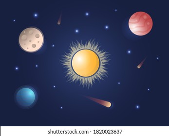 Cosmic vector illustration with fantasy universe planets. Space background for poster, banner, web.