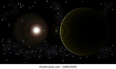 Cosmic vector illustration, planet lit by a star, nebulae in the distance.