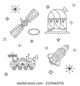 Cosmic vector linear set. Planet rover, observatory, satellite and spaceship. Space exploration clipart collection. Discovery of planets design elements.