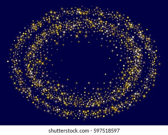 Cosmic vector oval frame with golden star elements on dark blue. Sparkles round border graphic design. Glitter confetti abstraction of two circles - gold and yellow dots and stars.
