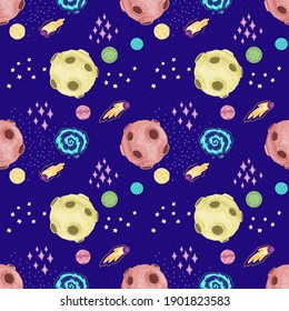 Cosmic vector seamless pattern on blue background. Constellations, stars, planets and comets. Space texture design. Cute pattern hand drawn elements for covers, wall paper, wrapping paper, fabric
