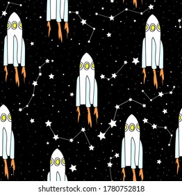 Cosmic vector seamless pattern with rockes in the starry space sky