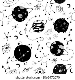 Cosmic vector seamless pattern with sketch space elements, planets, comets, stars, meteorites. Cartoon galaxy childish design. Kids illustration with cosmos space. Black and white.