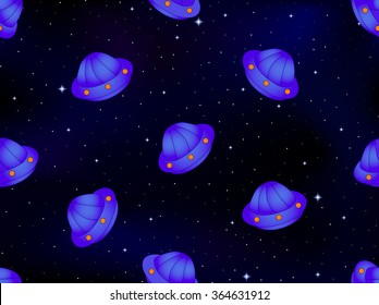 Cosmic vector seamless pattern with ufo space ships and stars 