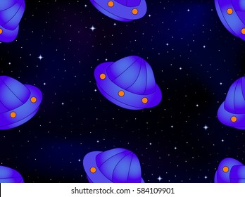 Cosmic vector seamless pattern with ufo space ships and stars