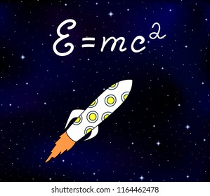 Cosmic vector space illustration with flying space ship, stars and handwritten speed of light formula