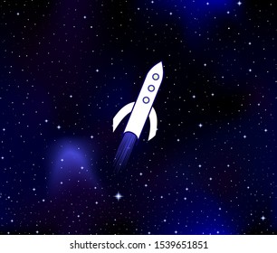 Cosmic vector space illustration with flying space ship, stars and constellations