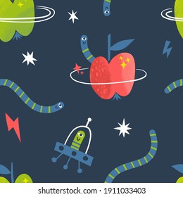 Cosmic Veggie Worm Alien Apple Planet Fruity Space Seamless Vector Pattern. Extraterrestrial Fictional Childish Background For Textile Apparel Design Print