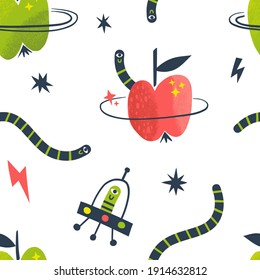 Cosmic Veggie Worm Alien Apple Planet Fruity Space Seamless Vector Pattern. Extraterrestrial Fictional Childish Background For Textile Apparel Design Print