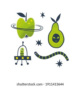 Cosmic veggie Worm Avocado alien Apple planet Fruity space vector clip-art isolated on white background. Extraterrestrial fictional cartoon childish design elements set