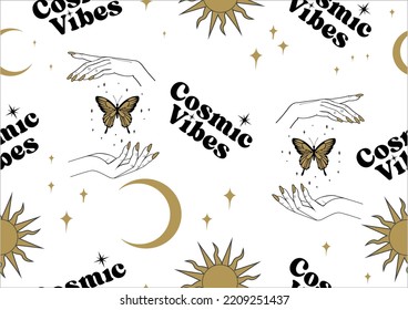 cosmic vibeEvil eye vector seamless pattern. Magic, witchcraft, occult symbol, line art collection. Hamsa eye, magical eye, decor element. Blue, white, golden eyes. Fabric, giftware,meditation