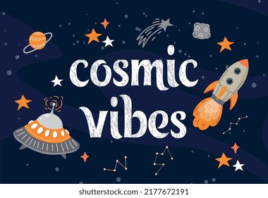 Cosmic vibes concept. Rocket and flying saucer on background of starry sky, UFO. Aliens and extraterrestrial life, exploration of universes, space and galaxies. Cartoon flat vector illustration