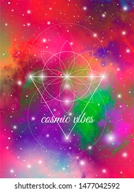 Cosmic vibes sacred geometry flower of life  design template on colorful outer space background.